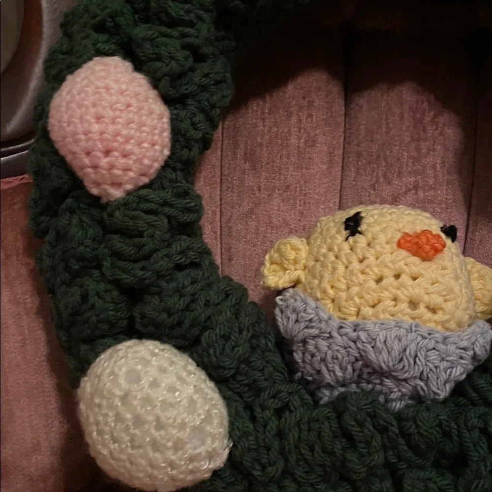 Vintage Handmade Crochet Easter Wreath with Chick and Eggs